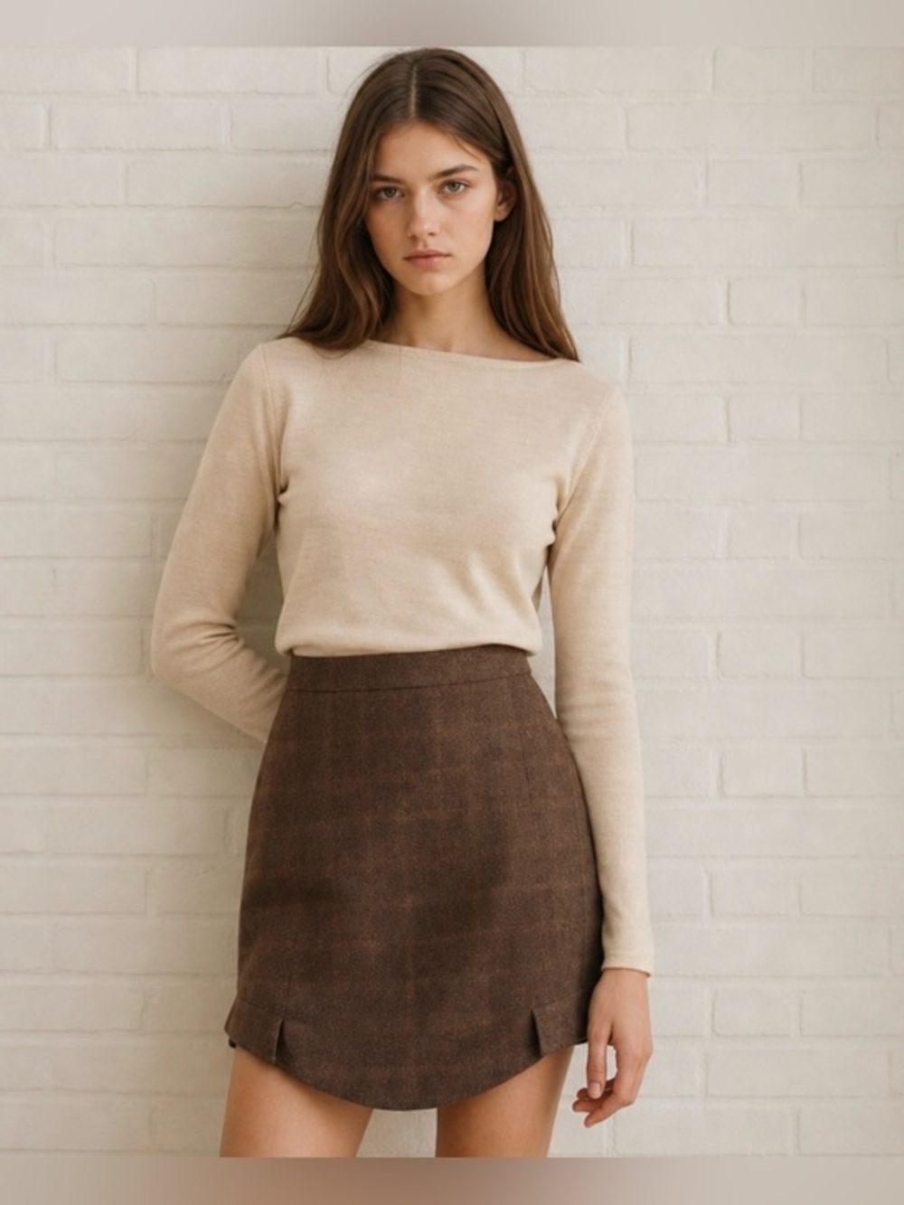 St-Martins Scandinavian Design Marvis-M19 Brown Tweed Wool-Blend Skirt - Size M